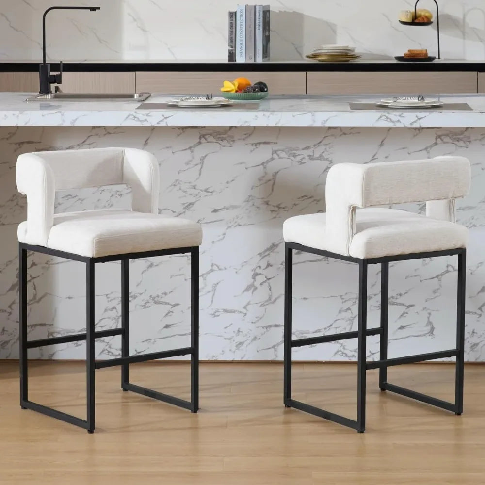 Modern Bar Stools Set of 2, 26'' Counter Height Bar Stool with Sturdy Metal Steel Frame, Chenille Upholstered Barstools with Back