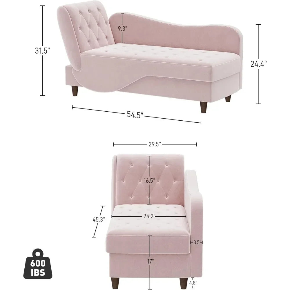 Upholstered Velvet Chaise Lounge, Adjustable Sofa Recliner Lounge Chair with Storage and 1 Pillow, Button Tufted Lounge Chaise