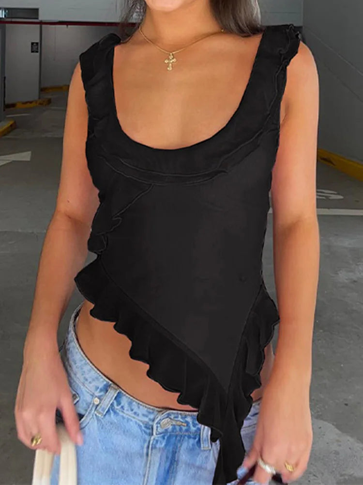 Fashion O-neck Sleeveless Tank Top Sexy Ruffles Backless Irregular Crop Tops  Summer Casual Streetwear Women Camis