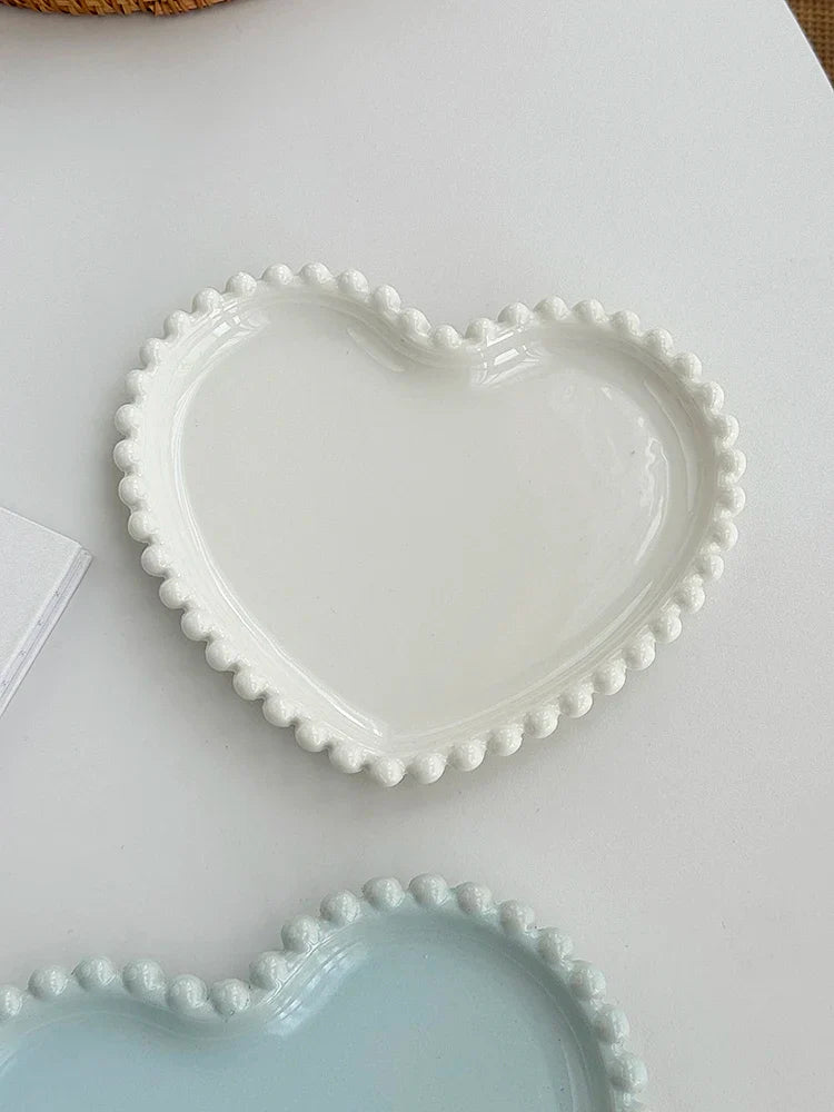 Porcelain Red Pink Bead Dots Ceramic Heart Dinner Plate Tableware