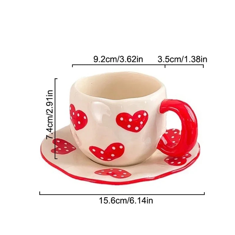 Ceramic Coffe Mug Hand Pinched Irregular Hand-painted Love Heart Cherry Pattern Cup with Saucer