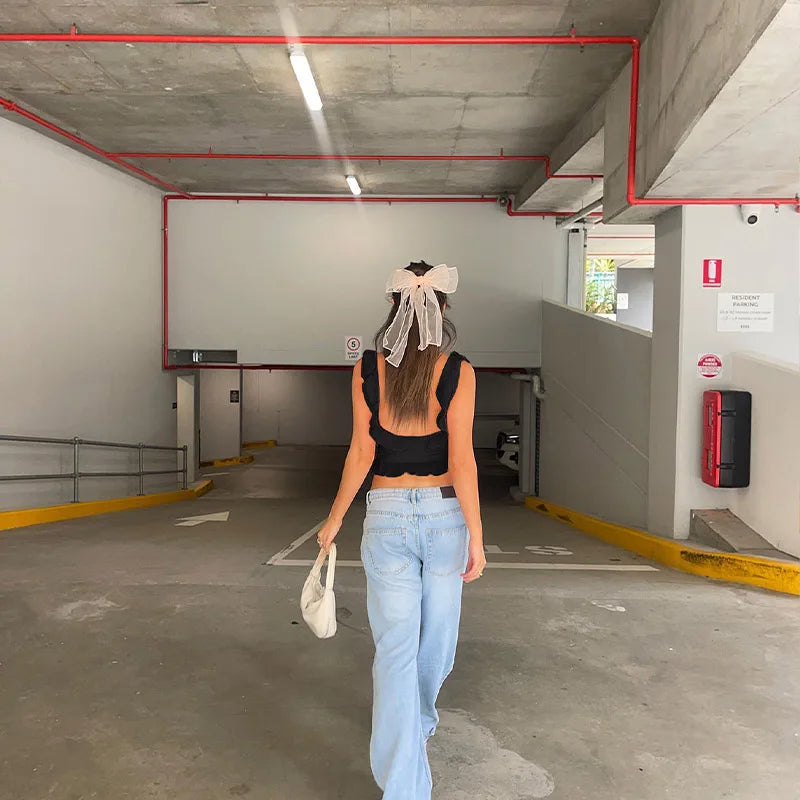 Fashion O-neck Sleeveless Tank Top Sexy Ruffles Backless Irregular Crop Tops  Summer Casual Streetwear Women Camis