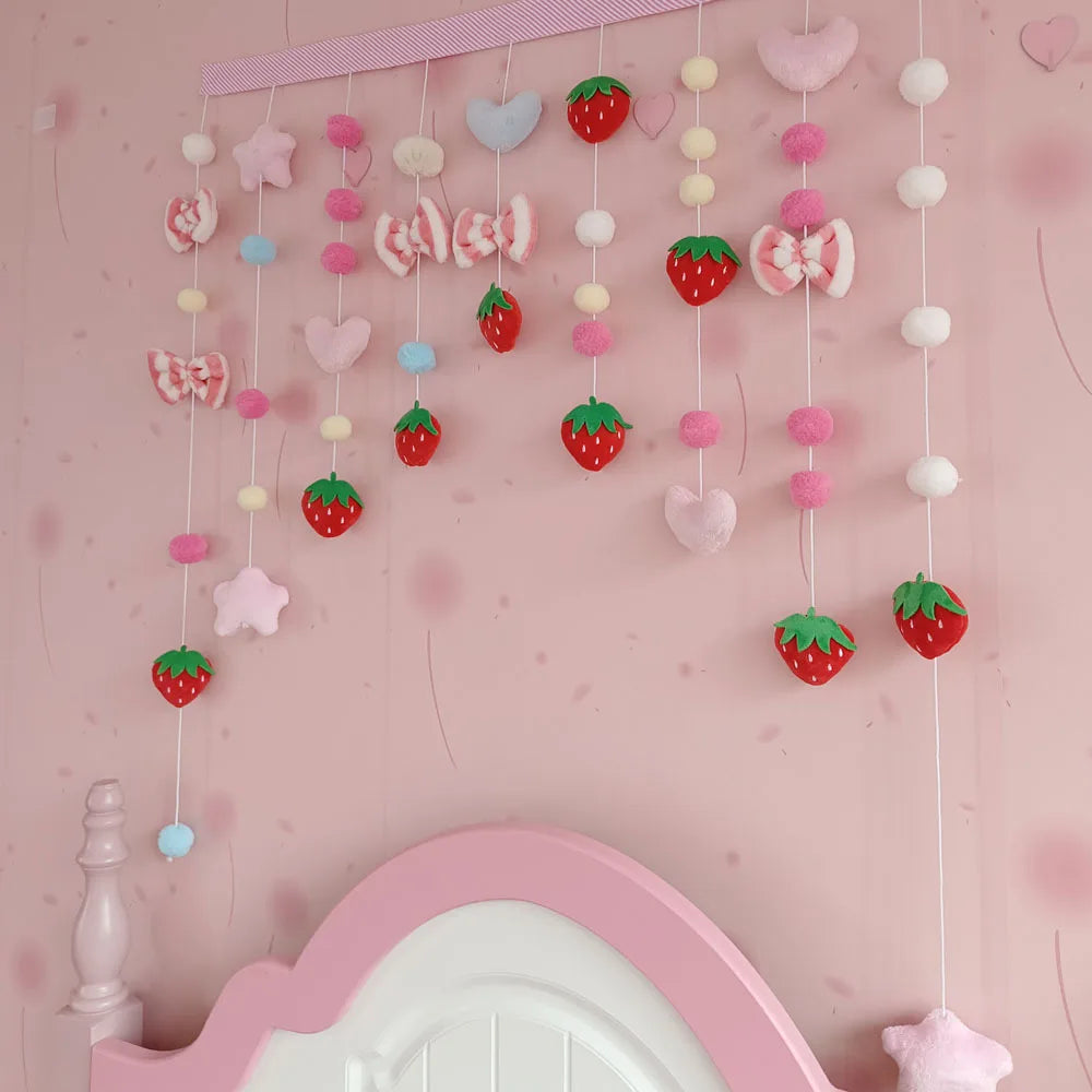 Pink Kawaii Doorway Curtains Plush Strawberry Ball Door Curtain Pendant Melody Bedroom Partition Window Valance Decor Christmas