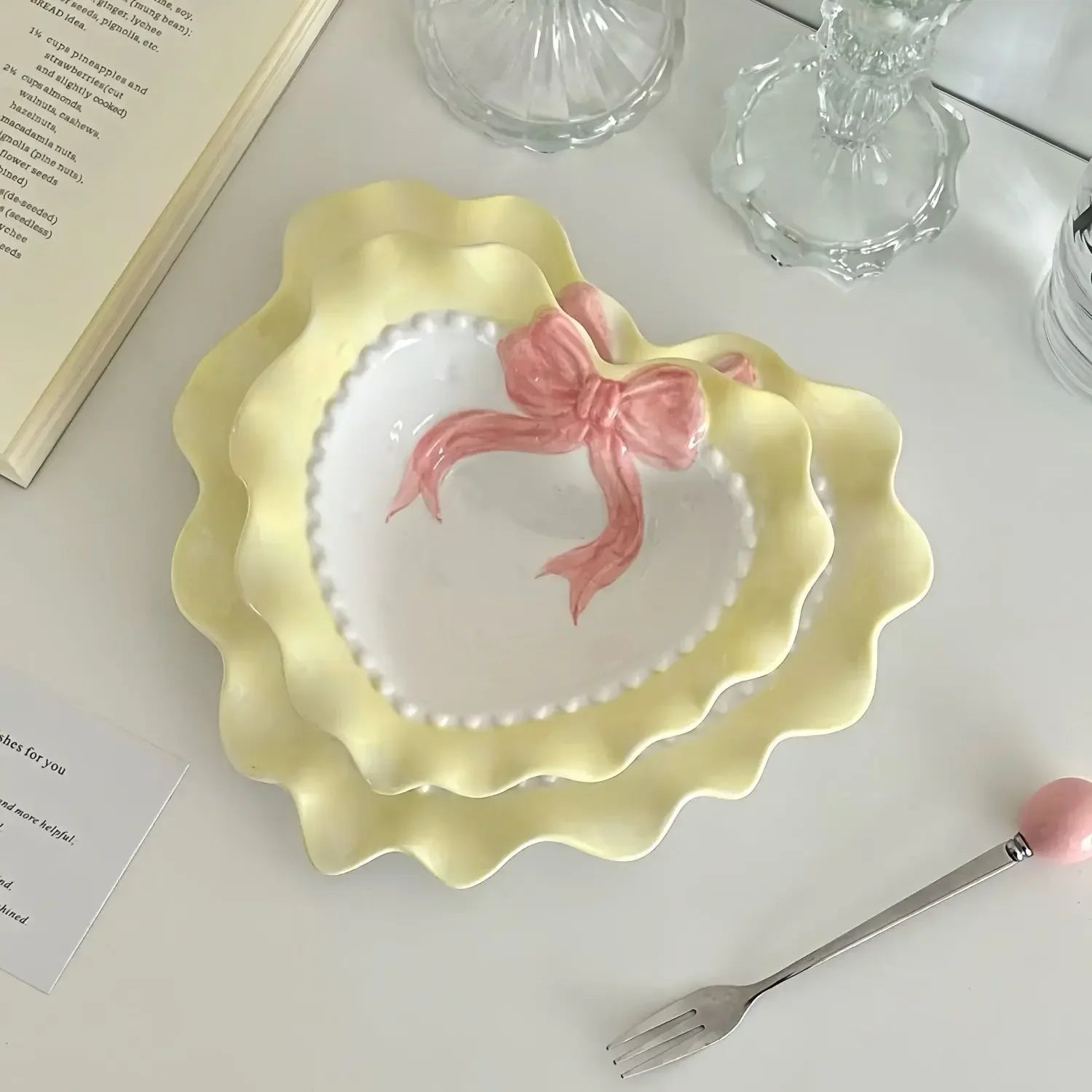 Cute Wave Edge Bow Knot Love Wave Dot Ceramic Lace Girl Tableware