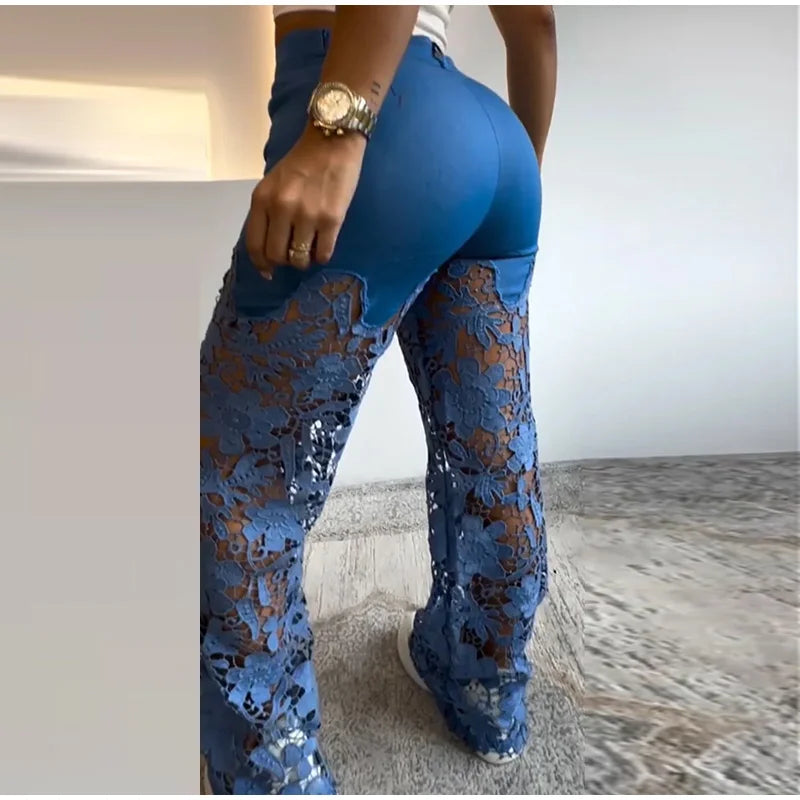 Vintage Hollow Out Lace Flowers Lady Jeans Loose Straight Denim Pants High Street Elegant Summer New Trousers Chic Fashion Pant