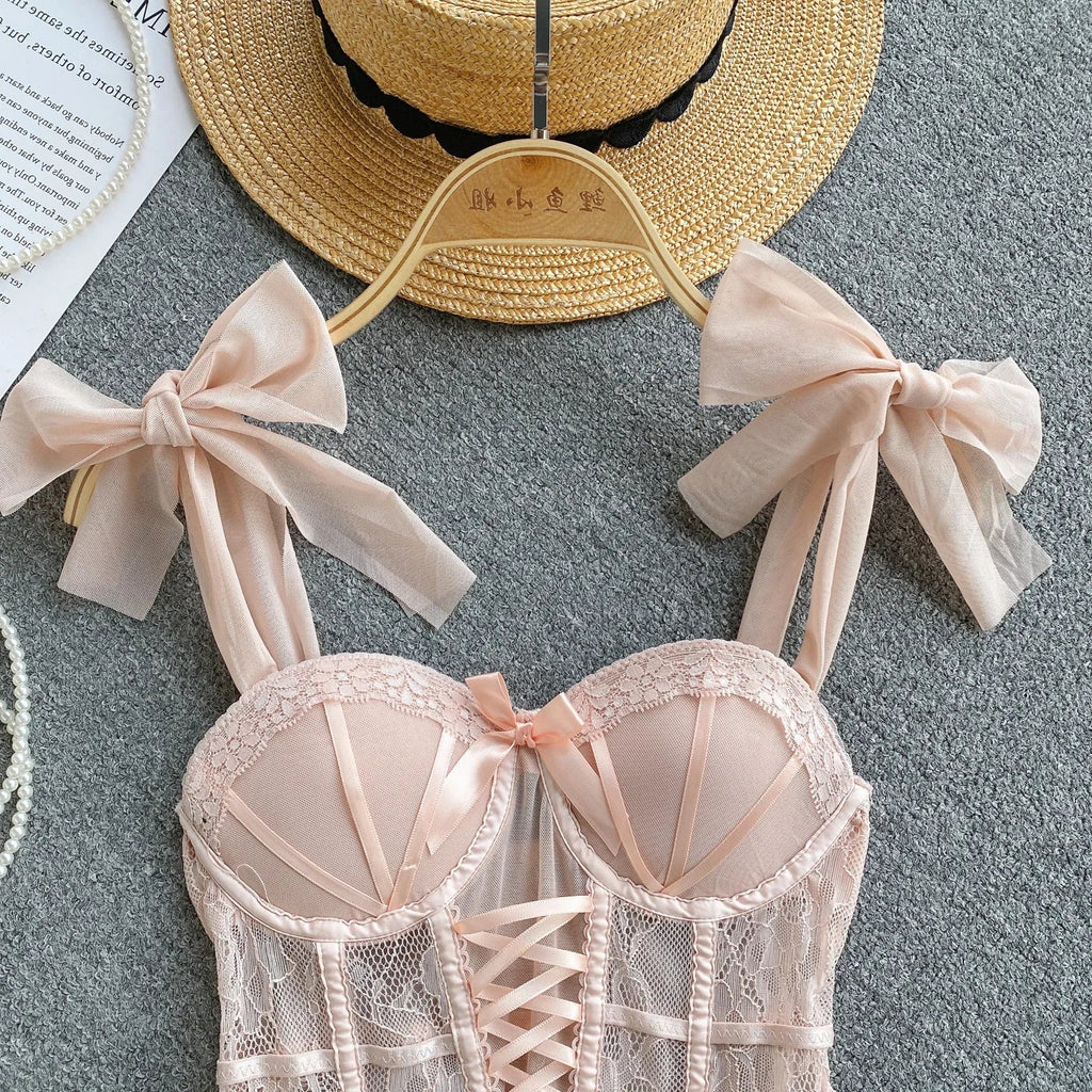 Spaghetti Strap Tank Top for Women Strapless Build in Bra Lace Patchwrok Tulle Bow Camis Summer Casual Female Camisoles