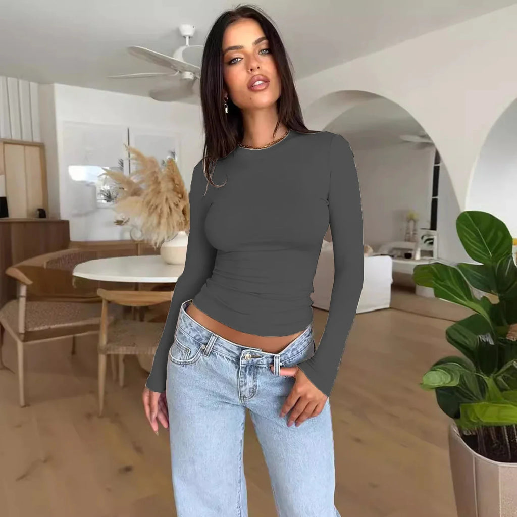 Long Sleeve T Shirt Women Y2k Crop Top Casual Slim Fit Pullovers Solid O Neck T-shirts Streetwear Female Basic Tee