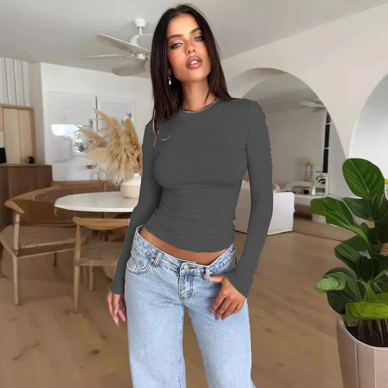 Long Sleeve T Shirt Women Y2k Crop Top Casual Slim Fit Pullovers Solid O Neck T-shirts Streetwear Female Basic Tee