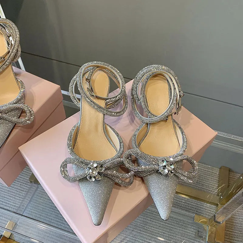 Glitter Crystal Women Pumps Sexy Ankle strap Rhinestones Bowknot High Heels