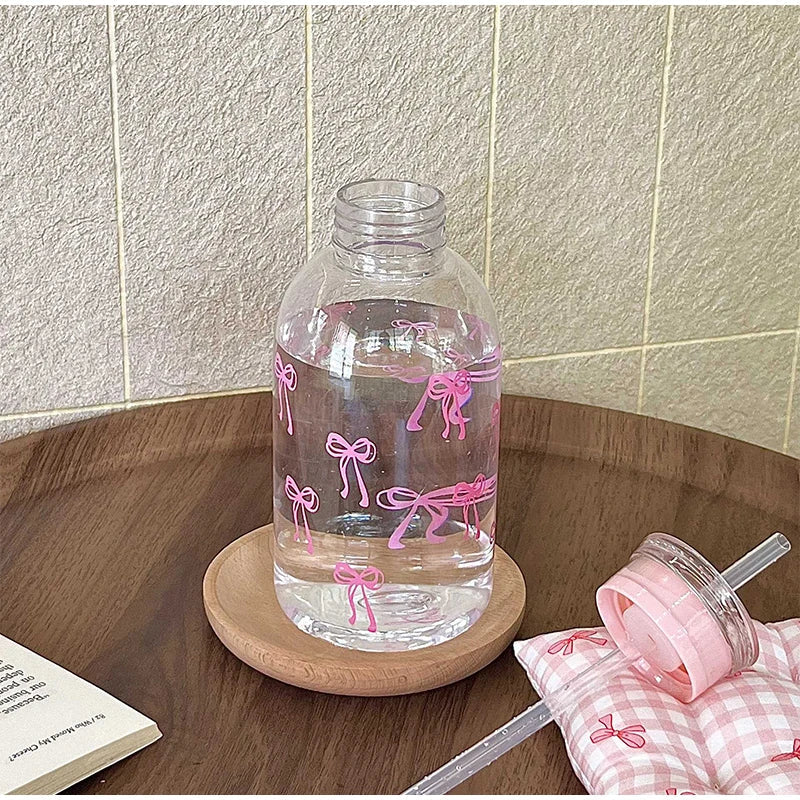 Cute Bow Plastic Bottle Ice With Straw Lid Sweet High-value Bow Cup Portable Cup