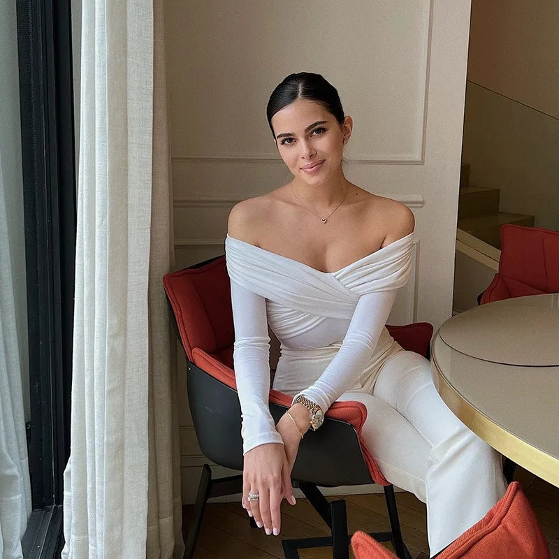 Sexy Off Shoulder Women's Bodysuits Fashion Crossed Folds Skinny Rompers Long Sleeve