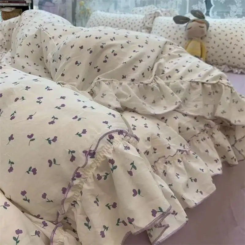 Princess Floral Bedding Set Washed Cotton Vintage French Flowers Lace ruffles Duvet Cover Set Pillowcase