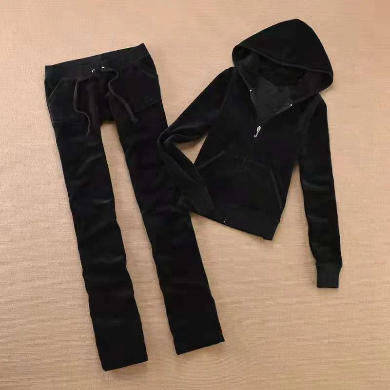 Solid Color Velvet Tracksuit For Women Two Piece Spring Women's Sweatshirt and Trousers Set