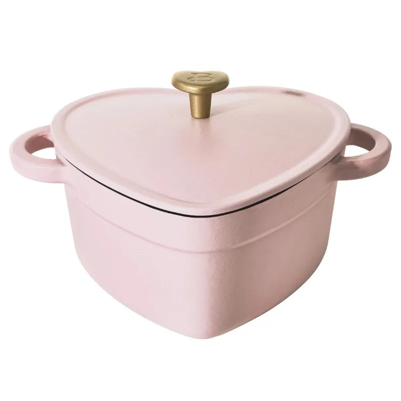 Pink Enameled Cast Iron Dutch Oven Heart-Shaped Pot with Lid, Dual Handles, Works on All Stovetops, Oven Safe to 500°F, 2-Quart