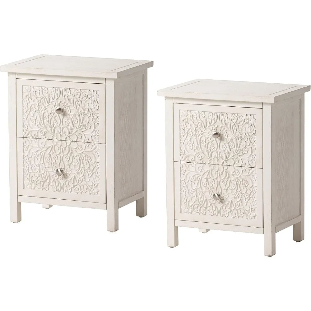 French Country Modern Set of 2 Farmhouse Style Fully-Assembled Nightstand with 2-Drawer, Flower Motif End Table for Small Spaces