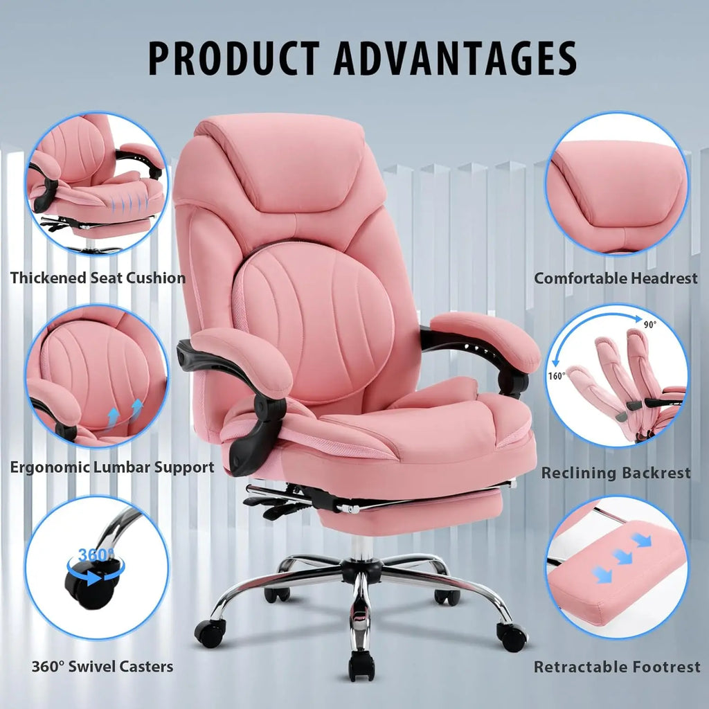 Ergonomic Recliner Executive Chairs With Footrest Back Support Wide Seat Comfortable Padded Reclining Chairs Pink 350 lbs