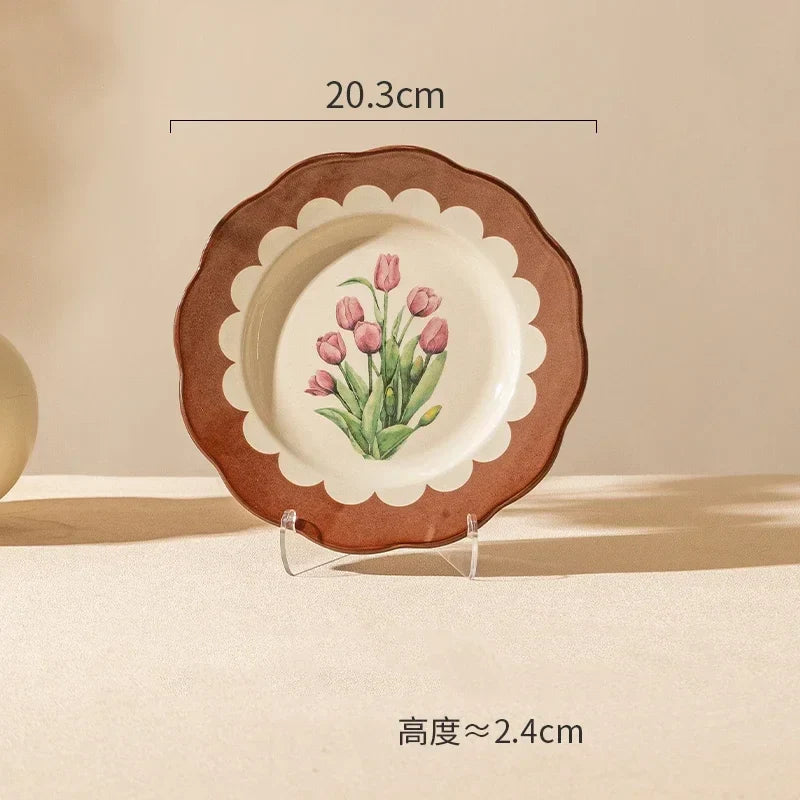 Retro Tulips Flower Ceramic Light Luxury Exquisite Dessert Plate
