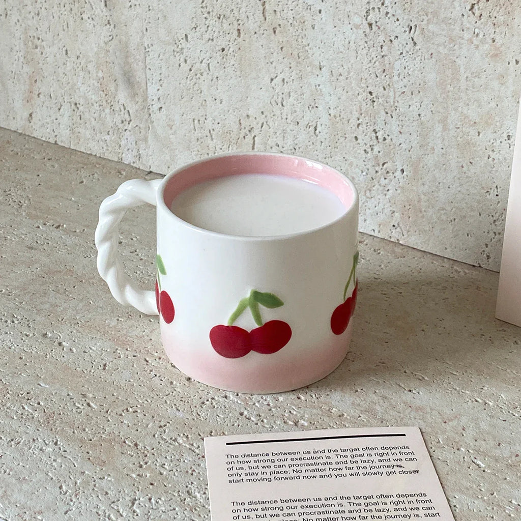 Pink Cherry Ceramic Mug, Twist Handle Ceramic Exquisite Pink Gradient Cup
