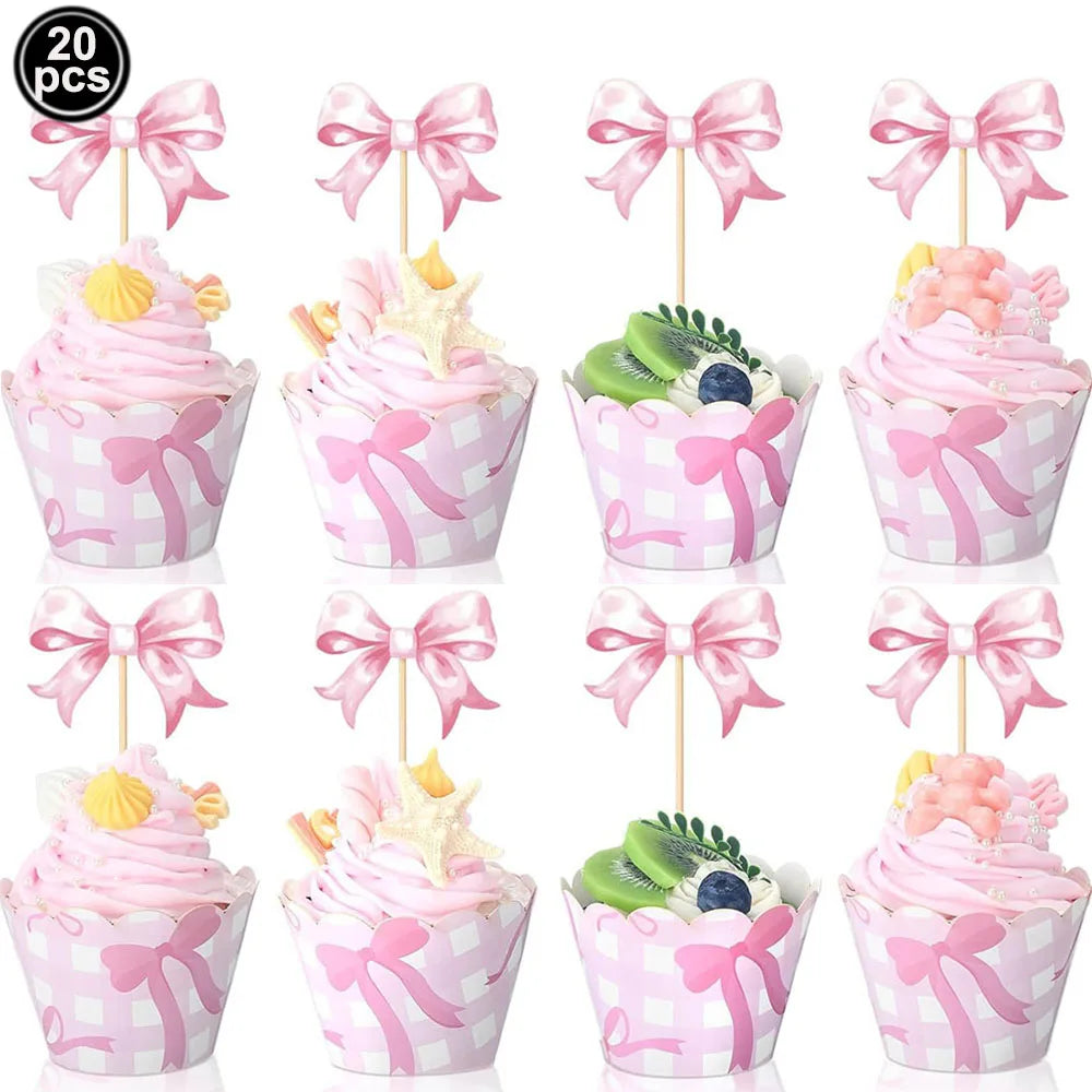 Pink Bow Paper Baking Cups Cupcake Wrappers Bow Cupcake Toppers