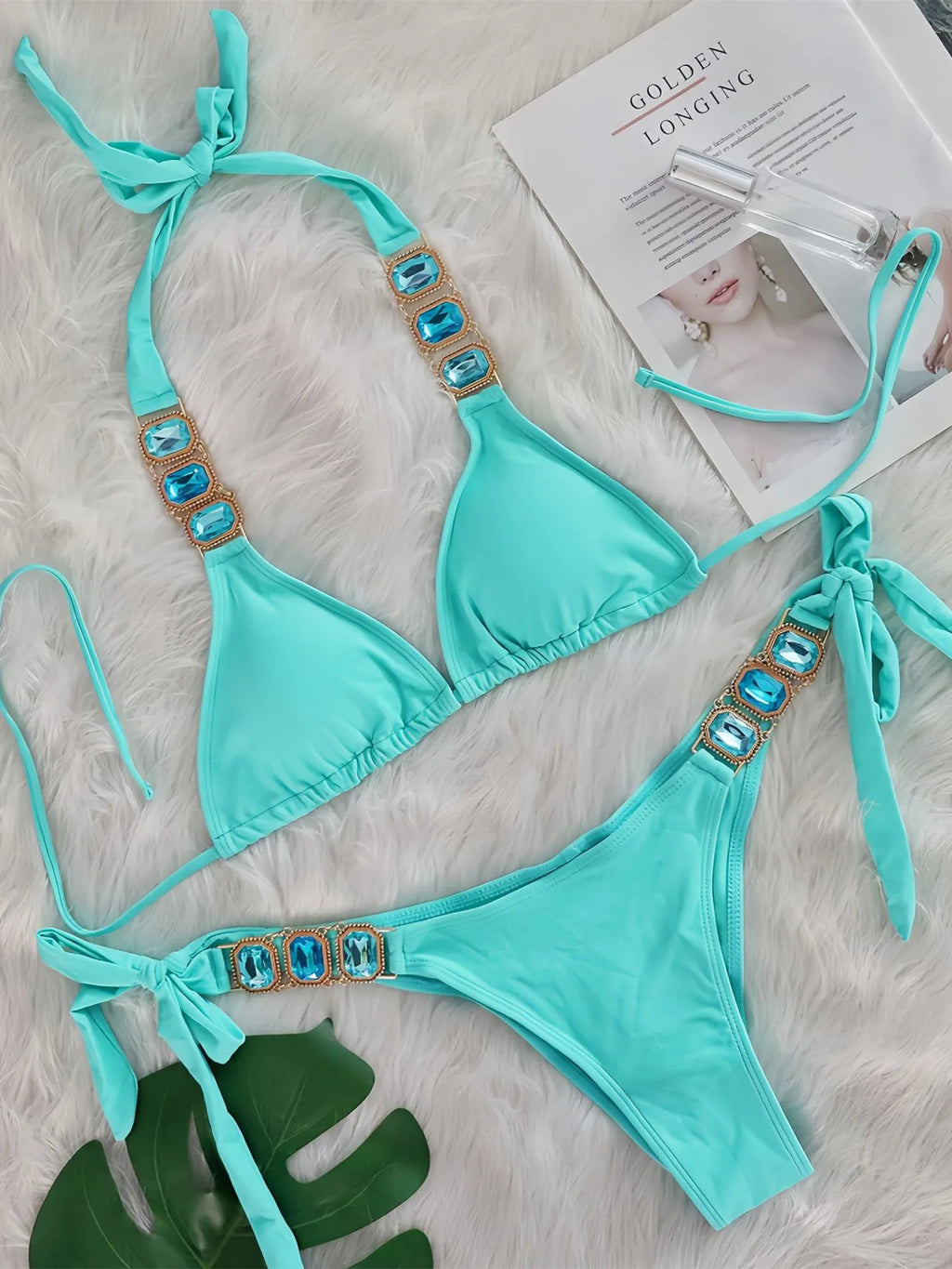 Sexy Rhinestone Bikini Set Women Luxury Pink Crystal Diamond Push Up Bandage Thong Swimsuit