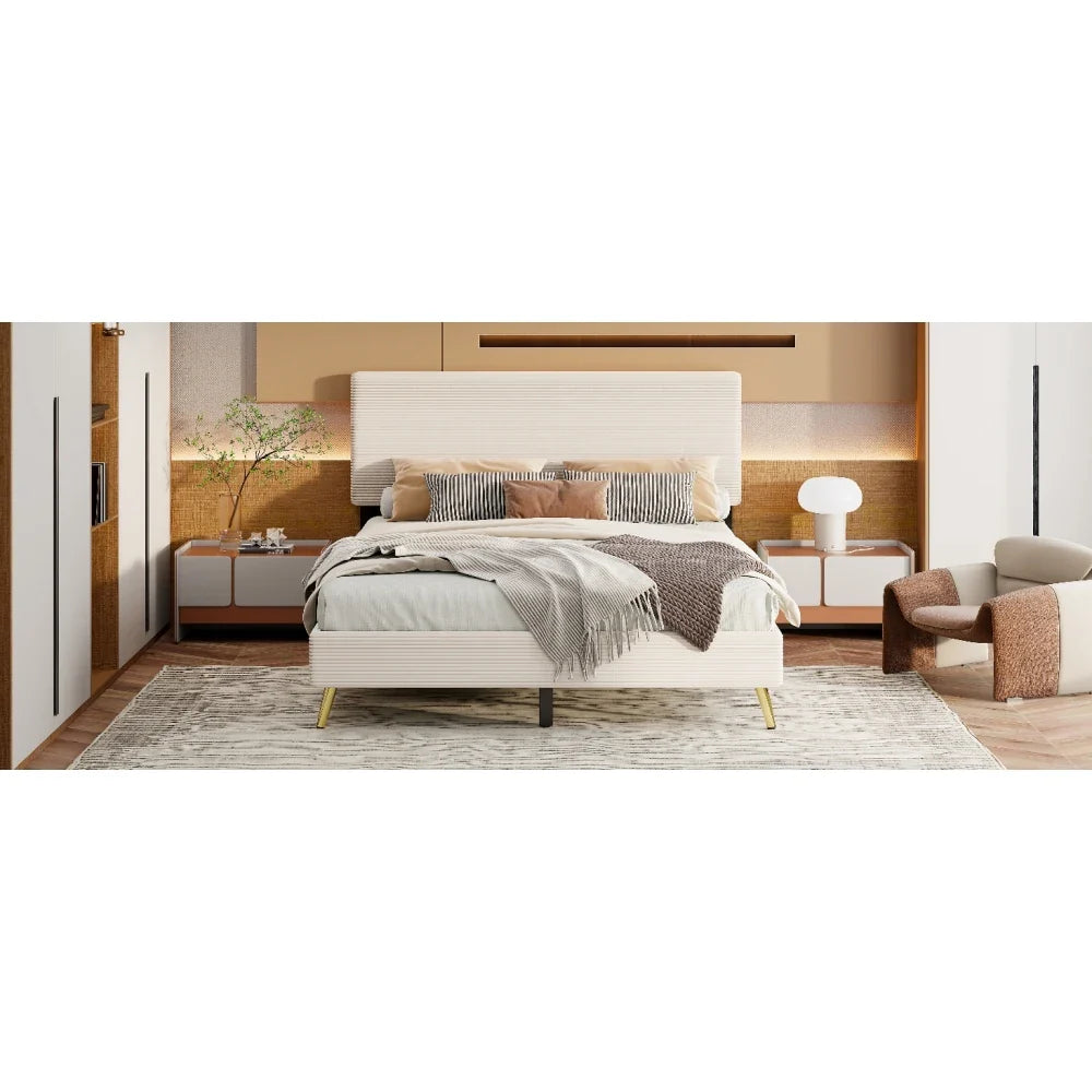 Pink 2 Pieces Bedroom Sets Queen Size Upholstered Bed Frame, Modern Corduroy Storage Ottoman