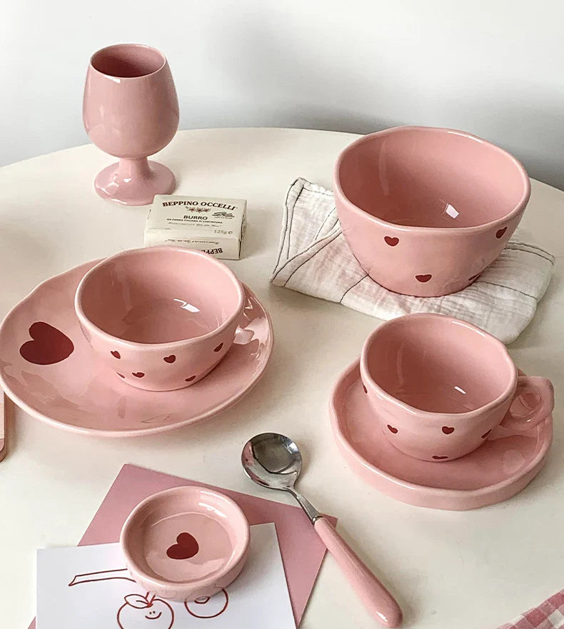 Pink Heart Pattern Ceramic Plate l Cup Bowl Dinner Tableware