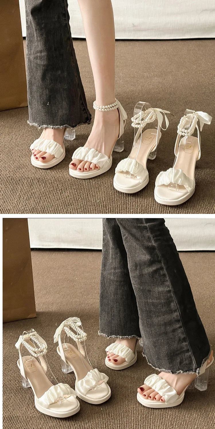 Women's Fashion Crystal Pearl High Heels Sandals