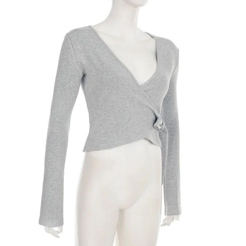 Fashion Drawstring High Waist Trousers Set Lace Up Flared Sleeve V Neck Twist Tops Plush Loose Pants Suit