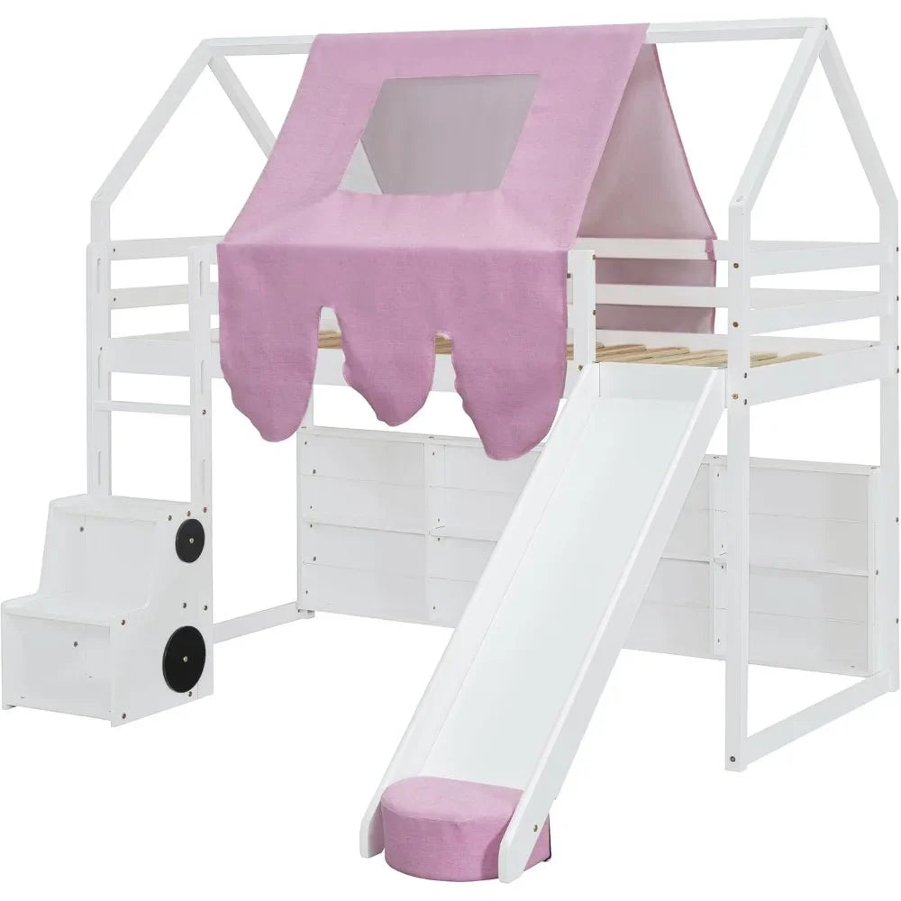 Twin House Loft Bed with Stairs and Slide, House Loft Bed with Storage Shelves,Stairway Playhouse Beds with Roof Tent and Ladder