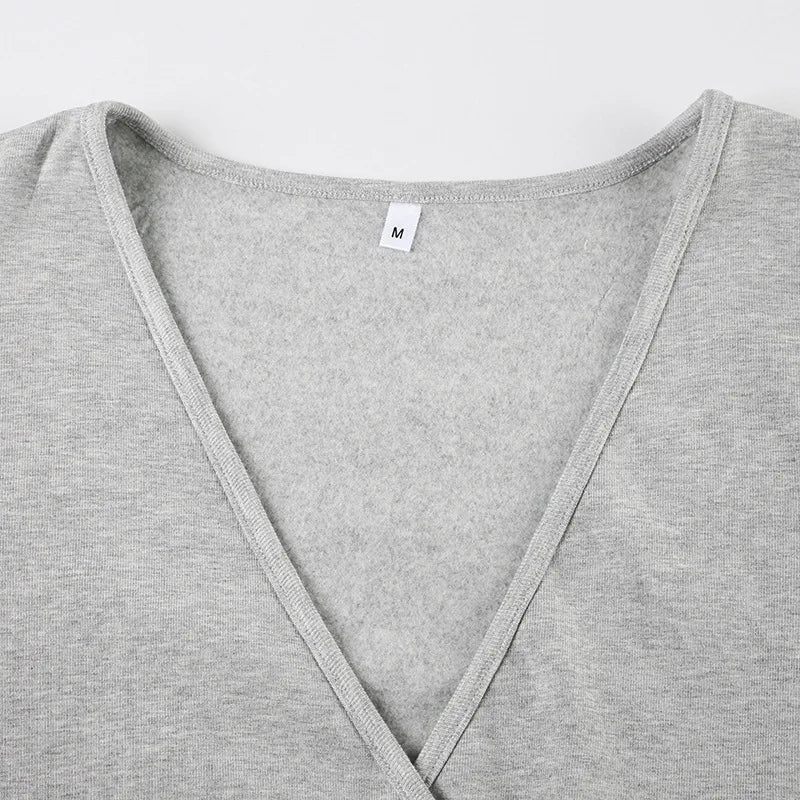 Fashion Drawstring High Waist Trousers Set Lace Up Flared Sleeve V Neck Twist Tops Plush Loose Pants Suit