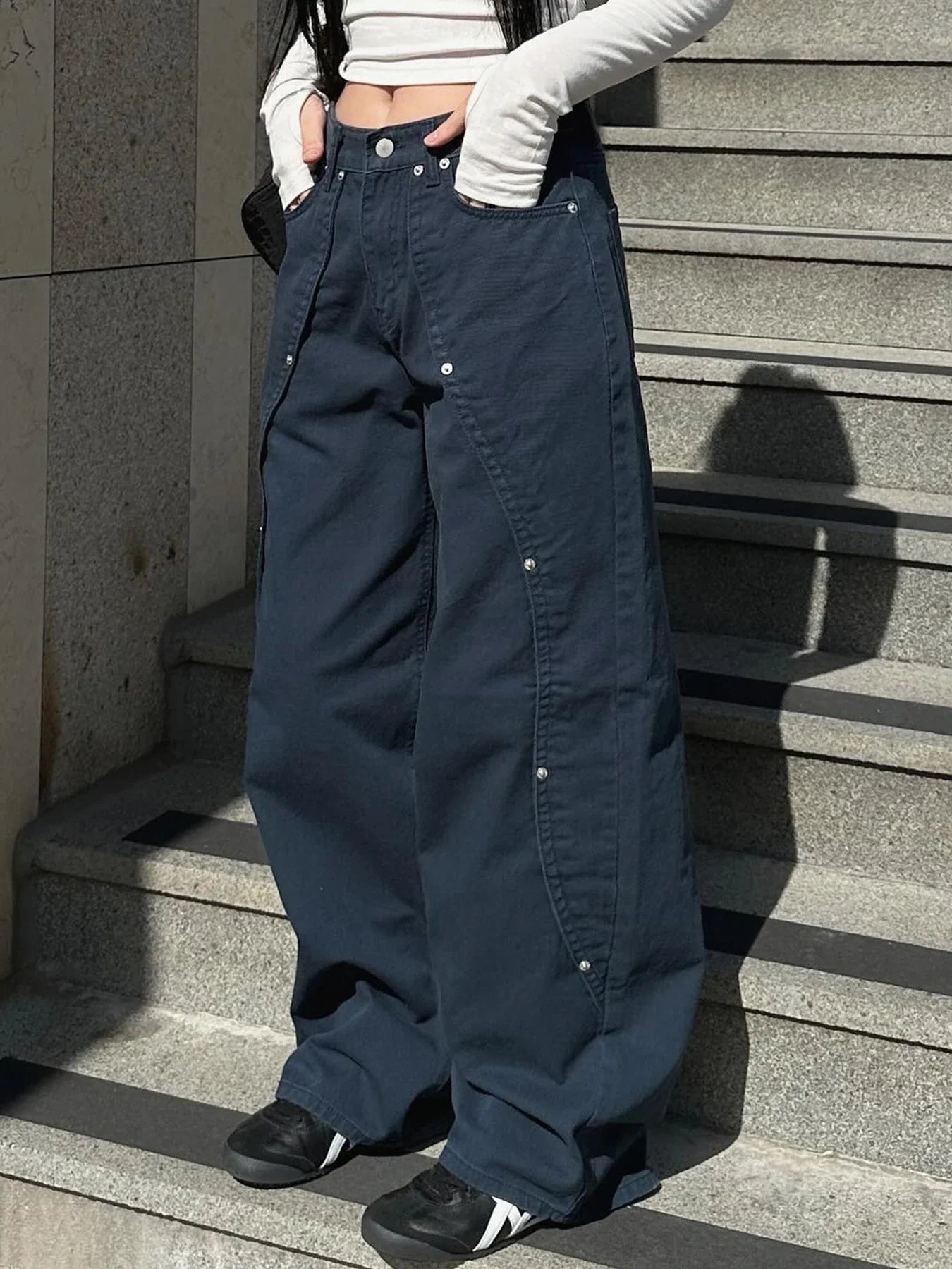 Casual Loose Rivet Jeans Wide Leg Pants Basic Low-Waisted Straight Pants Streetwear