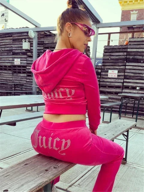 Two Piece Set Diamonds Hoodie Crop Jacket And Joggers Pants Outfits Streetwear Jogging Suits Juicy Corture Tracksuit