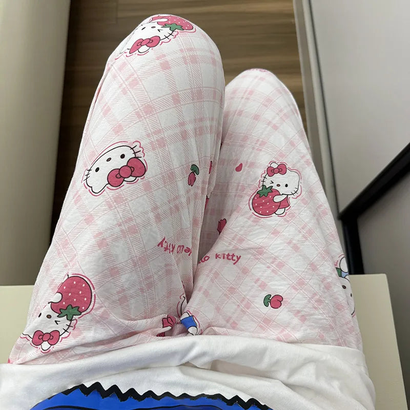 Sanrio Hello Kitty Pure Cotton Pajama Pants Wide Kawaii Kitty Leg Pants Girls Summer Thin High Waist Casual Trousers