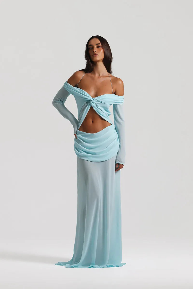 Hollow Out Ruched Sexy Maxi Dress Women Gown Halter Long Sleeve Strapless Backless Draped Slim Elegant Long Dress
