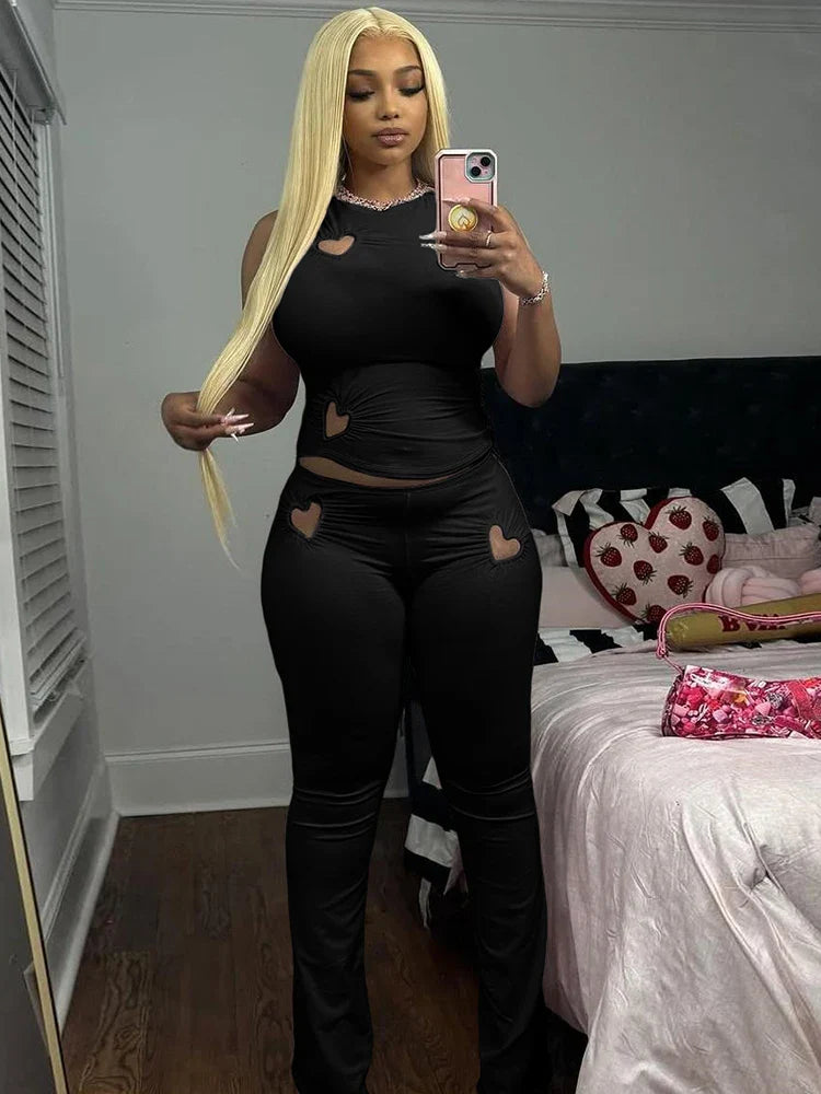 Heart Hollow 2 Piece Set Women o-Neck Sleeveless Tops+Skinny Stretch Pants