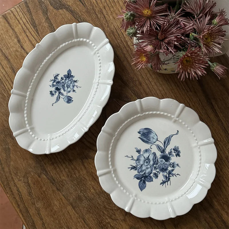 French Vintage Blue Floral Ceramic Plate Oval Dish High Value Dessert Serving Tableware