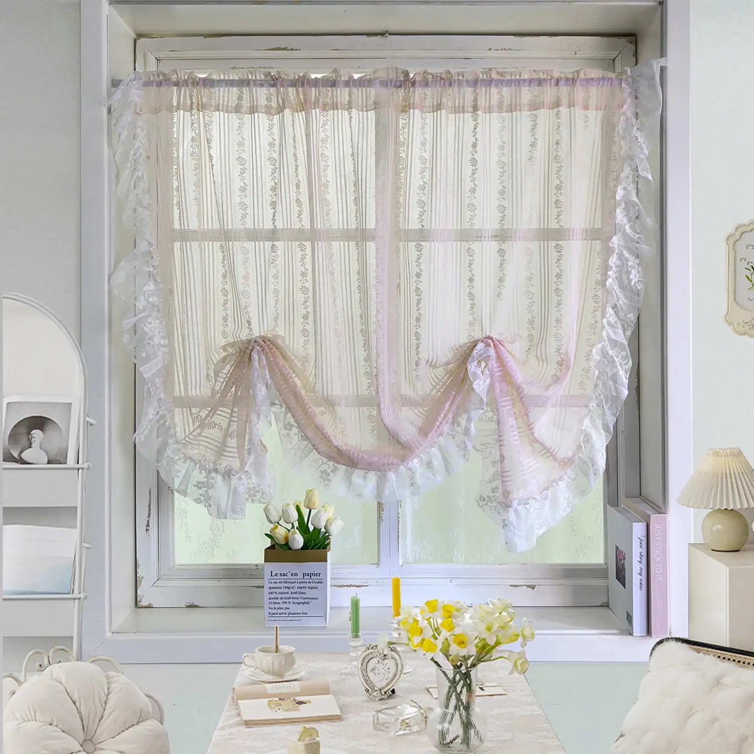 Vintage Ruffle Sheer Lace Curtain Panels for Living Room Bedroom Study Doorway Pink Floral Tulle Drapery Home Decorative
