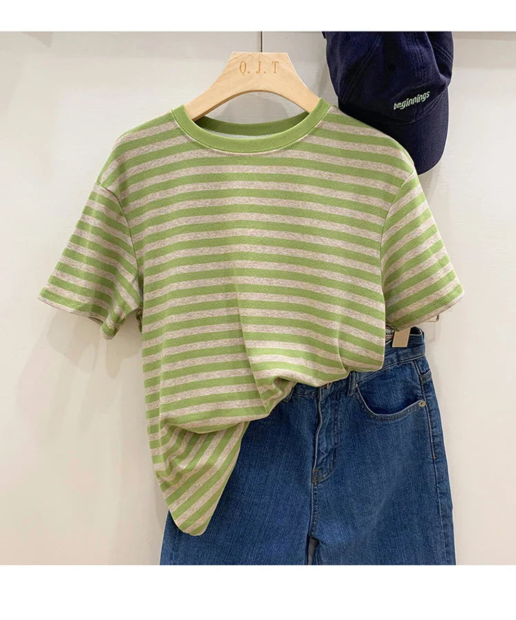 Summer Short Sleeve Striped T-Shirts Versatile Women Knitted Basic Casual Tops Female Cozy Loose Cotton Tees