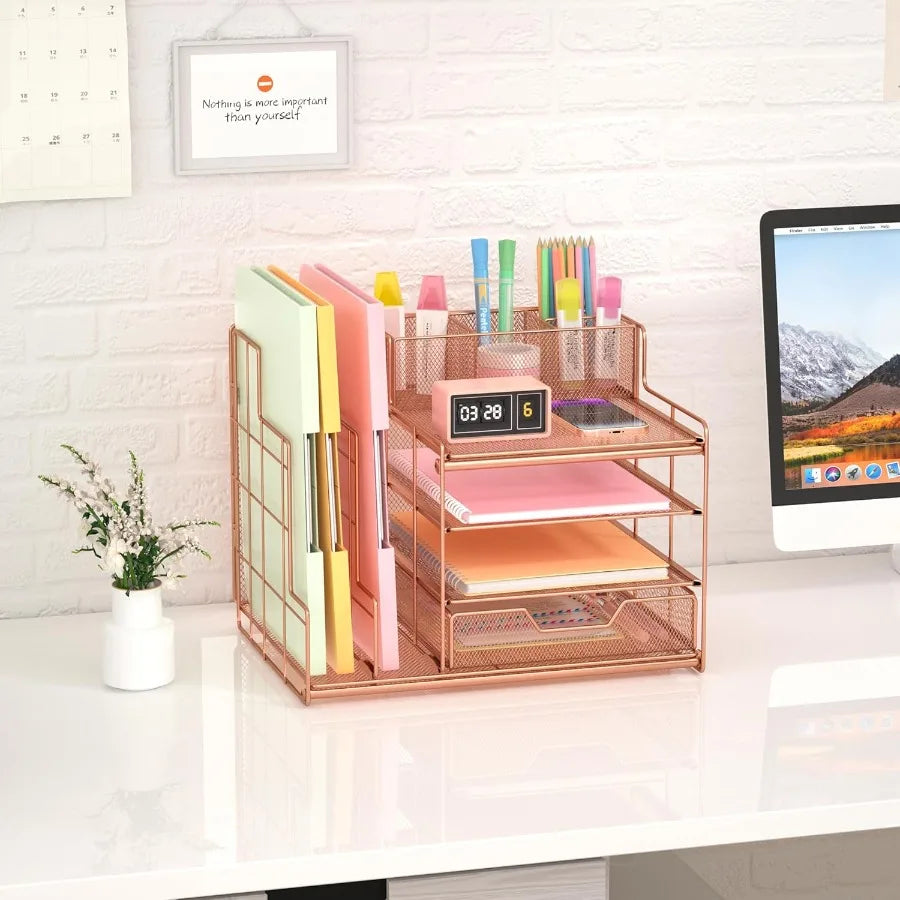 Rose Gold Desk Organizer Desk Organizers and Office Desk Accessories with Drawer + Vertical File Sorters Office Supplies