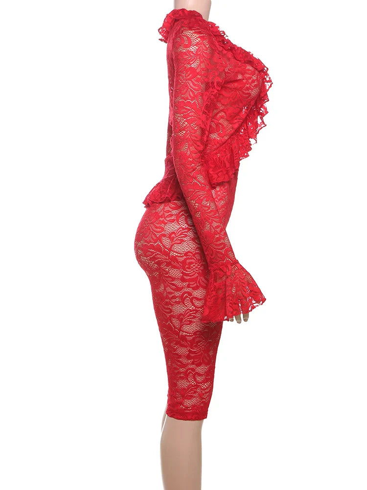 Jacquard Sexy Women 2 Piece Set Coquette Full Sleeve Ruffles Crop Tops+Bike Shorts Outfit