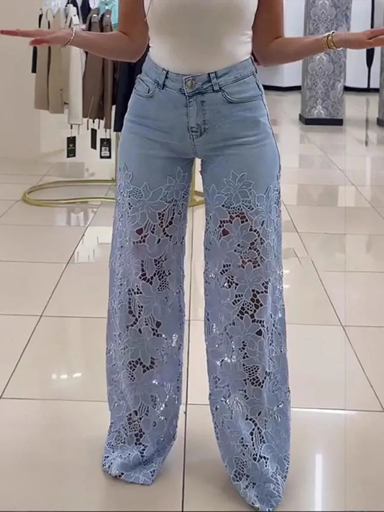 Vintage Hollow Out Lace Flowers Lady Jeans Loose Straight Denim Pants High Street Elegant Summer New Trousers Chic Fashion Pant