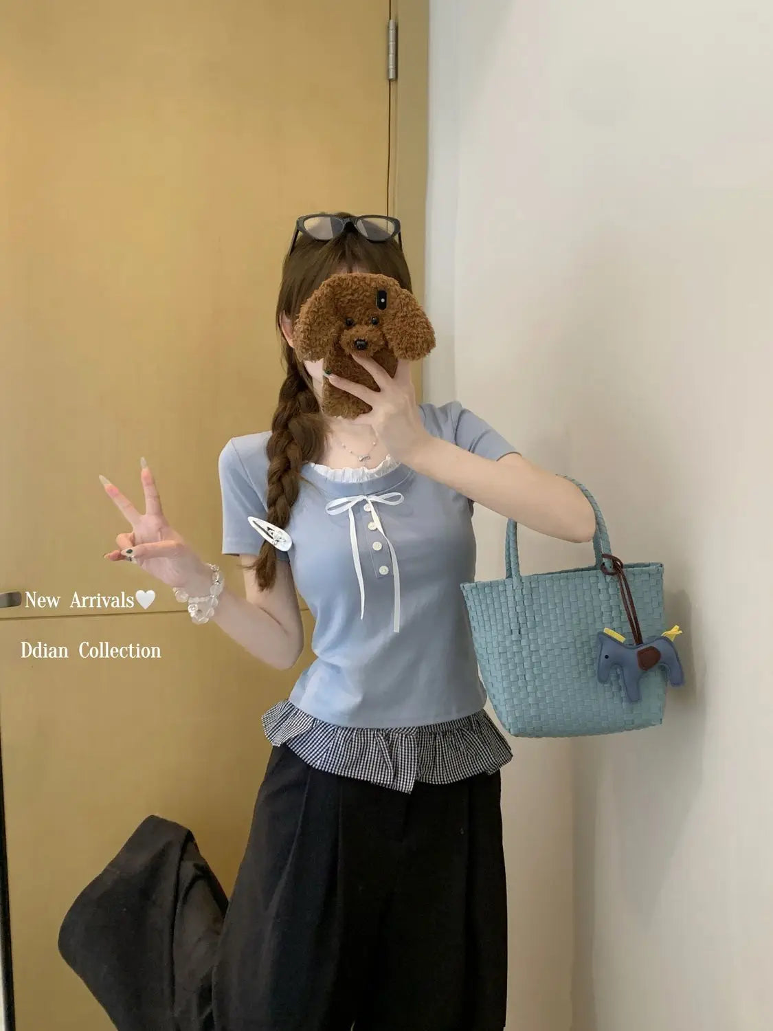 Sweet Style Fake Two-piece Bow Sweet Girl Top Short Sleeve T-shirt Slim Fit