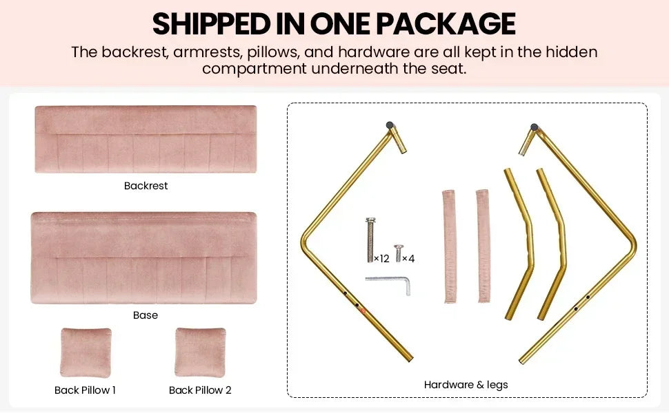 Modern Loveseat 2 Seater Sofa Luxurious Velvet Fabric Couch with Gold-Tone Metal Arms and Legs for Bedroom, Studio Pink 56.5" W