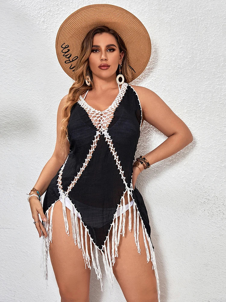 Plus Size Cover Up Bikini Women Swimsuit Beach Bathing Suit Beach Wear Knitting Swimwear Mesh Bohemian Cover-Up Mini Dress