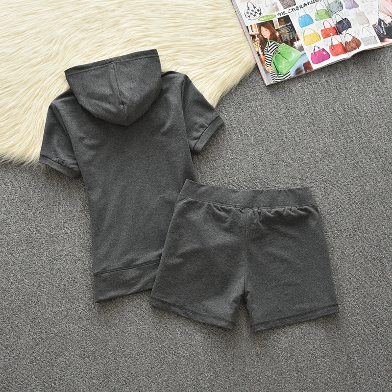 Summer Cotton Hoodie Sport Set Women's Solid Color Short Sleeve Shorts JC Summer Casual Fashion Two Piece Set