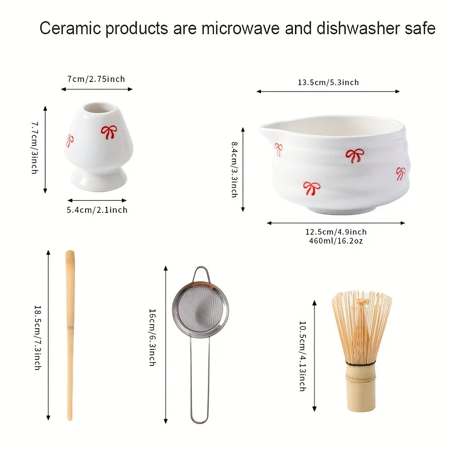 Red Bow Decal 5 Pieces Ceramic Matcha Set, Matcha Set Includes Matcha Bowl, Matcha Mixer and Holder, Bamboo Spoon