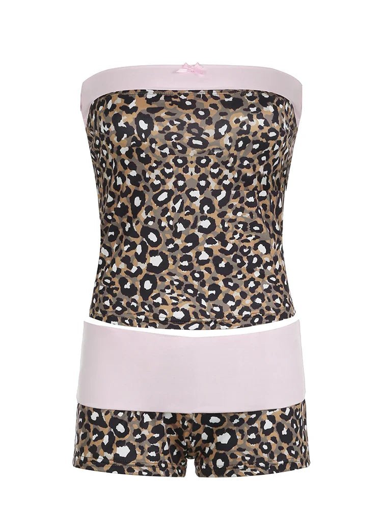 Leopard Print Patchwork Slim Two Pieces of Sets for Women Tube Tops and Low Waisted Shorts Suits Vintage Y2K Cloth
