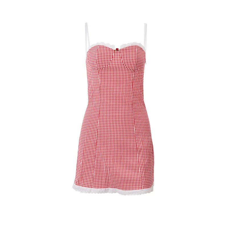 Plaid Y2K Lace Vintage Spaghetti Strap Mini Dresses Backless Aesthetic Casual Slim Dress