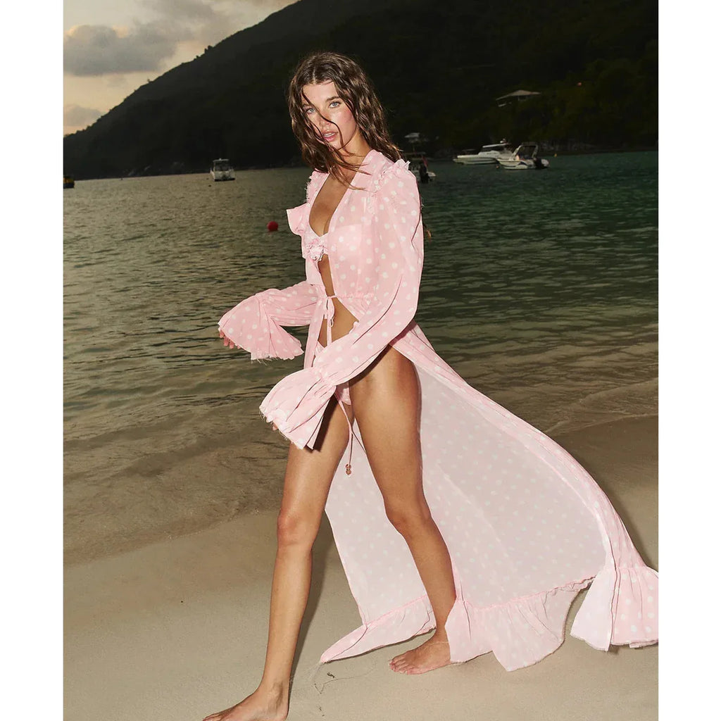 Pink Dot Print Cover-Ups Sexy Bikini Set Bathing Suit Swimming Mesh Dress