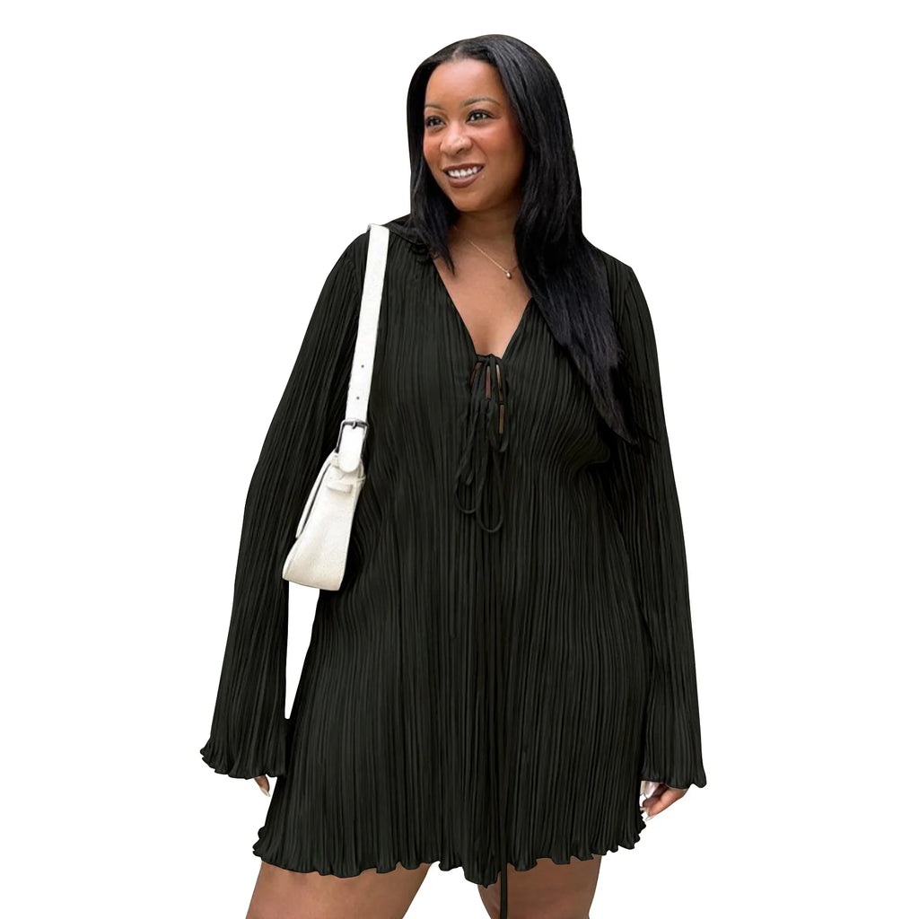 Long Sleeve Women V-neck Pleated Dress Casual Streetwear Plus Size Mini Dresses Party Casual